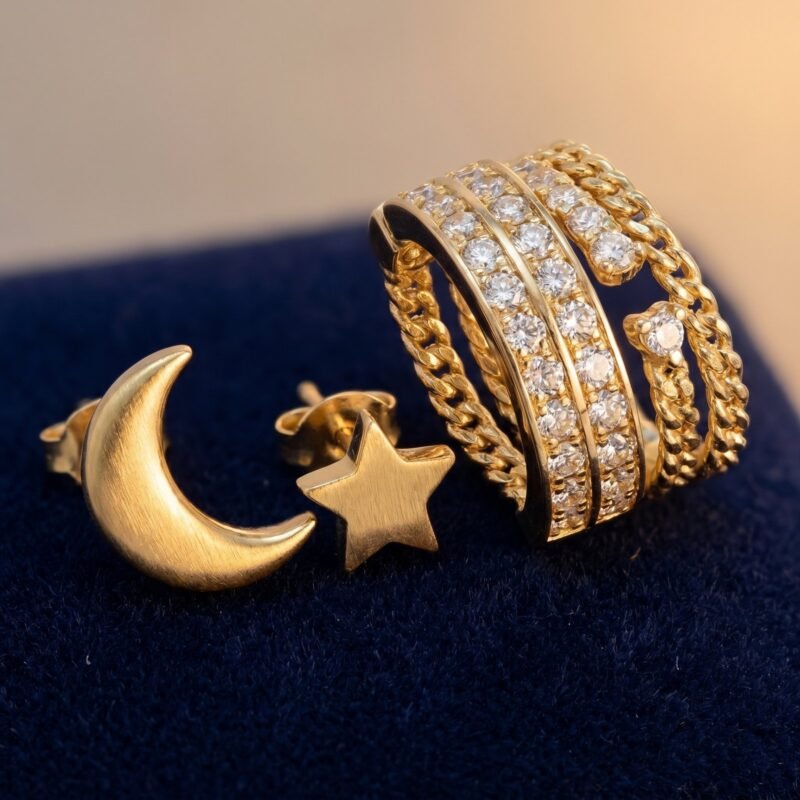 Boucles Étoile Dorée et Lune Pentagramme Chic