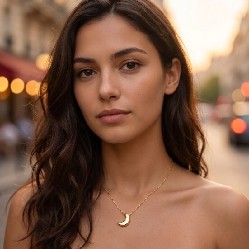 bijoux-2164-da3-1 Collier Lune Bohème Pendentif Chaîne Dorée Acier Femme