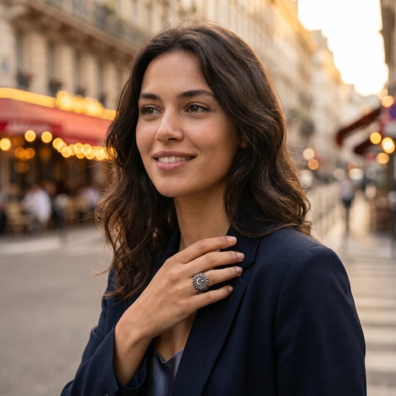 Bague Lune et Pentagramme Acier Inoxydable 316L Femme