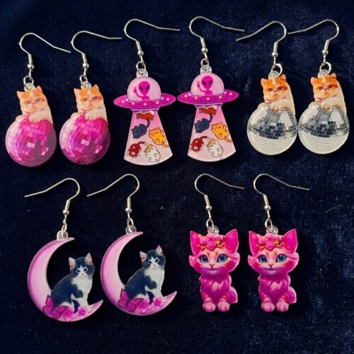 Boucles d'oreilles lune univers acrylique chat