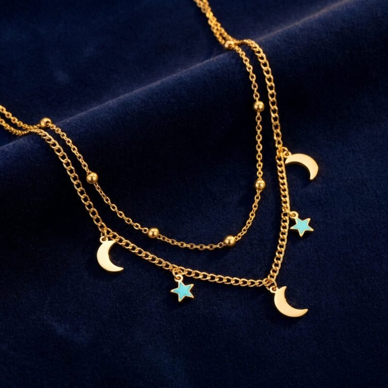 Collier multichaîne lune étoile vintage acier