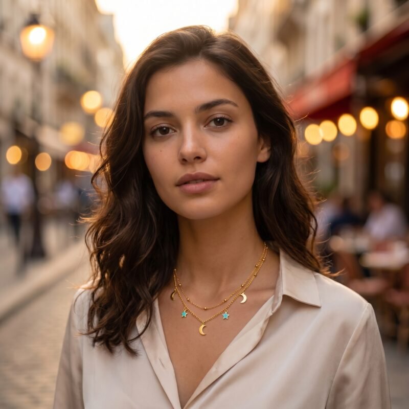 Collier multichaîne lune étoile vintage acier