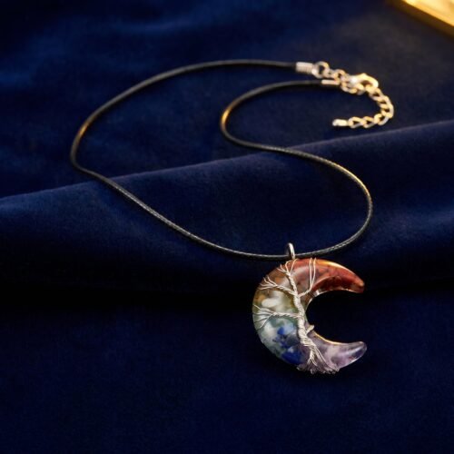 Collier lune arbre de vie cristaux acier inox