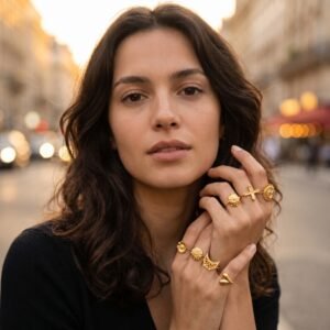 Bague lune cœur chrysanthème ajustable acier