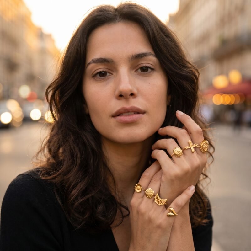Bague lune cœur chrysanthème ajustable acier