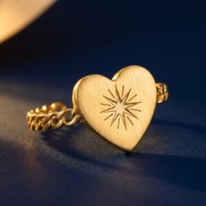 Bague lune cœur chrysanthème ajustable acier