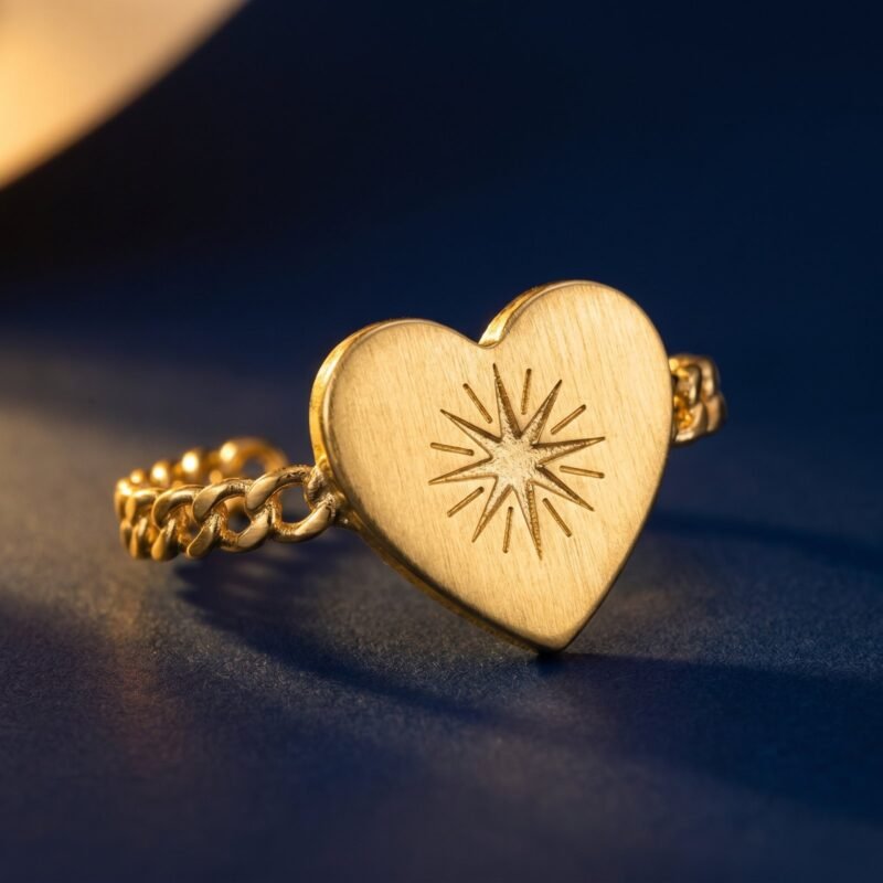 Bague lune cœur chrysanthème ajustable acier