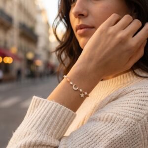 bijoux-3336-da3-1 Bracelet Étoile Lune Doré Perlé Acier Inoxydable 316L