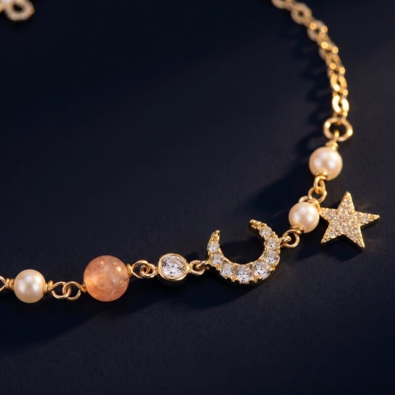 bijoux-3336-macro-1.jpg Bracelet Étoile Lune Doré Perlé Acier Inoxydable 316L